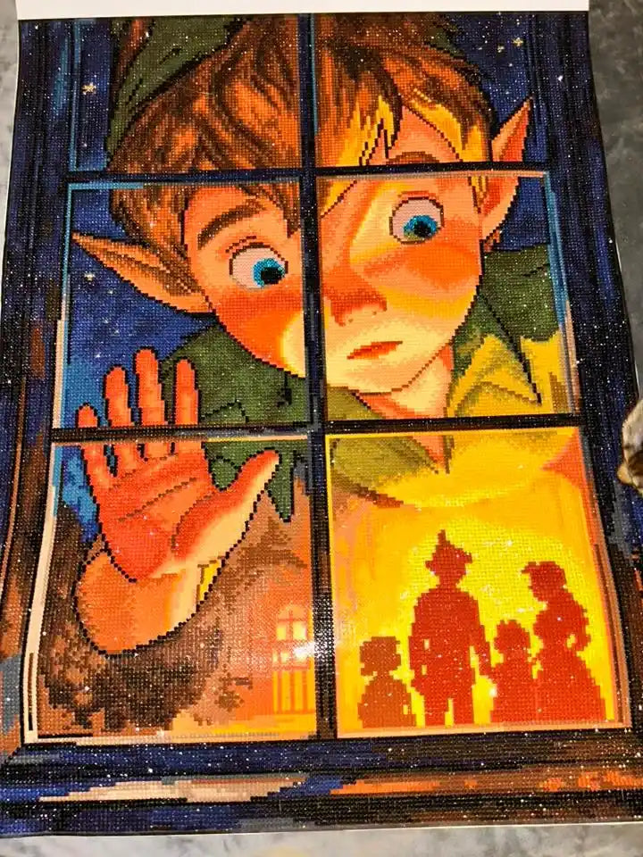 Customer completed fantasy diamond painting featuring Peter at window scene with warm lighting and detailed colorful drill placement - FEELOOK Art