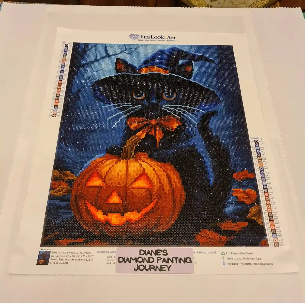 Customer finished diamond painting of Halloween black cat with pumpkin, showcasing vibrant colors and detailed sparkling drills - FEELOOK Art