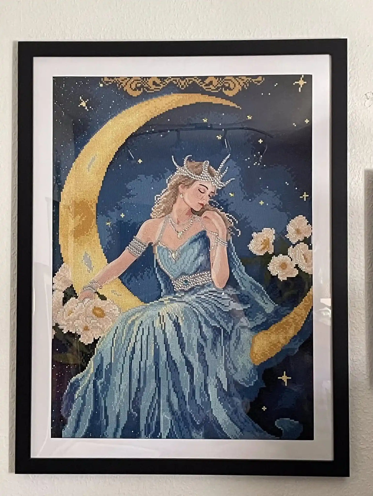 Framed finished diamond painting of moon goddess artwork showing elegant composition, detailed design and premium finished look - FEELOOK Art