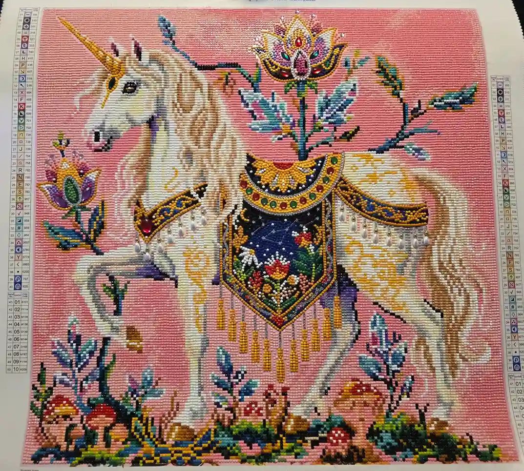 Customer completed unicorn diamond painting with special drills and detailed decorations on soft pink background creating elegant finish - FEELOOK Art