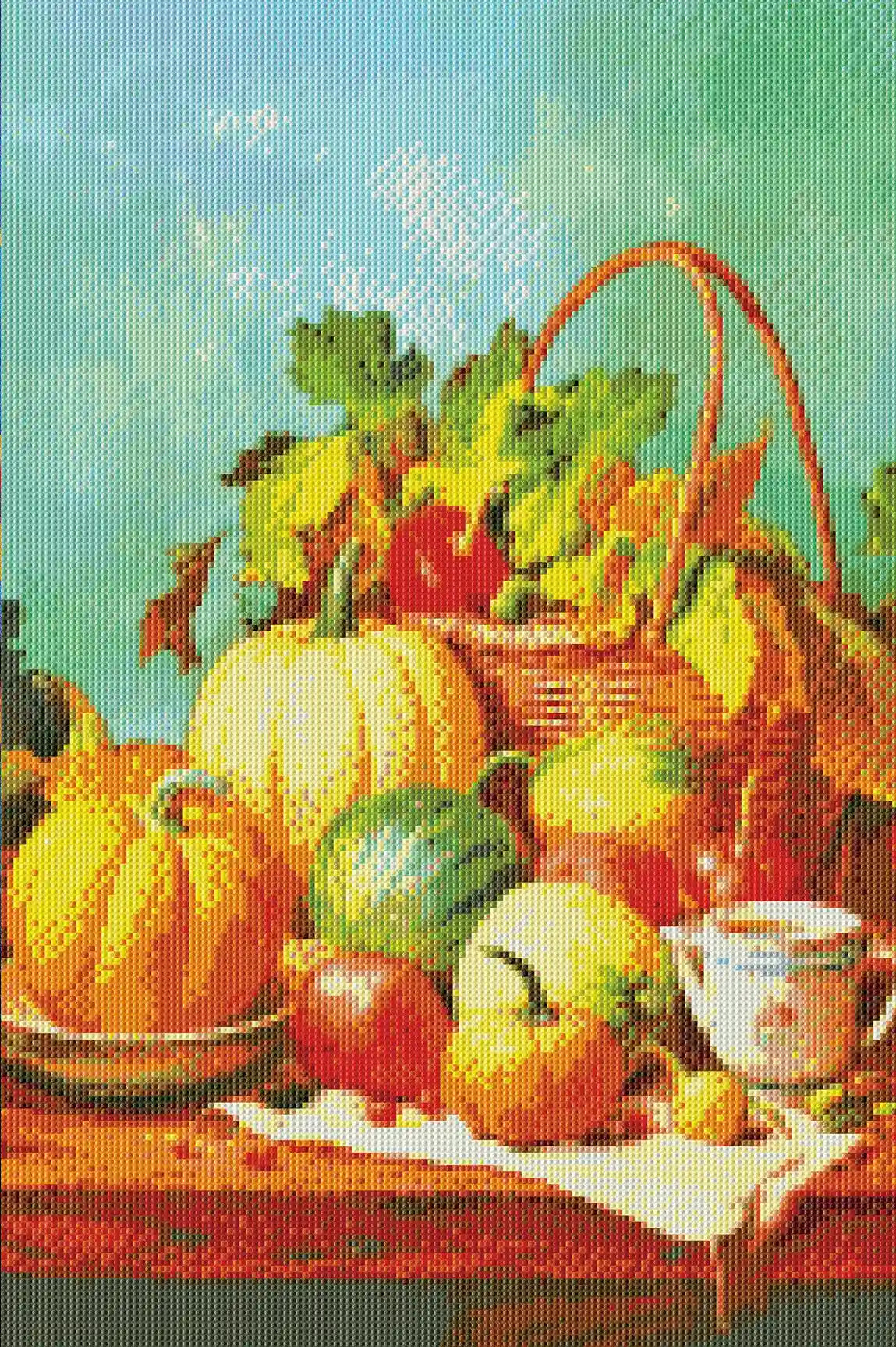 Rendered close-up of vegetable diamond painting showing round drill texture and color detail