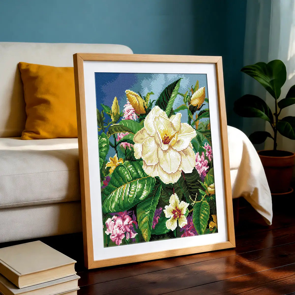 Velvet White 5D diamond painting in bedroom: creates fresh, natural atmosphere - FEELOOK Art