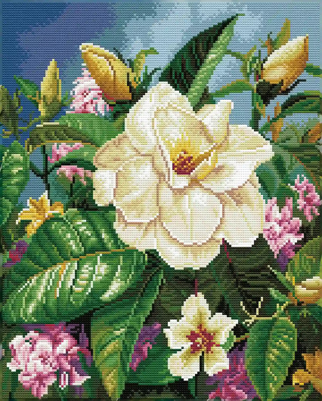 Completed Velvet White 5D diamond painting: detailed floral scene with soft petal texture & vivid green foliage - FEELOOK Art