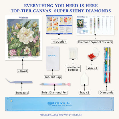 Velvet White 5D diamond painting kit: full set with canvas, diamonds & tools - FEELOOK Art