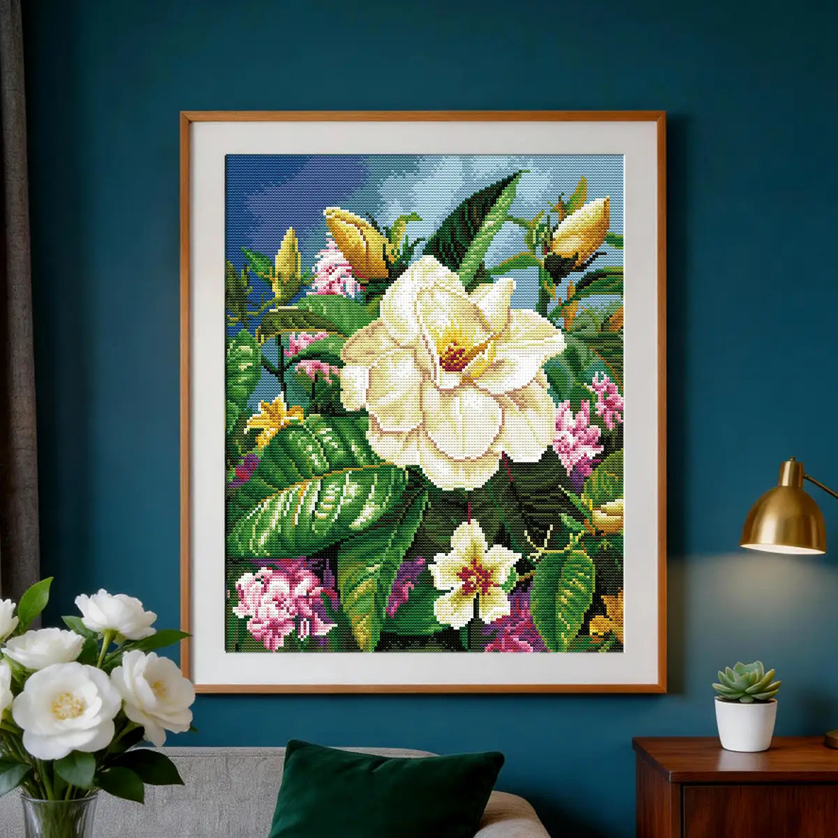 Velvet White 5D diamond painting in living room: adds lush floral charm to decor - FEELOOK Art