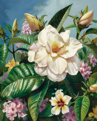 Main image of Velvet White 5D diamond painting: lush white bloom with vibrant green leaves & accent flowers - FEELOOK Art