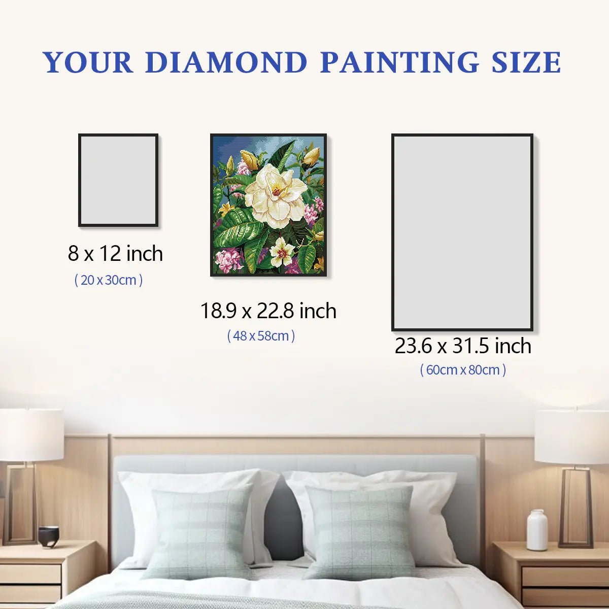 Size chart for Velvet White 5D diamond painting: multiple decorative size options - FEELOOK Art