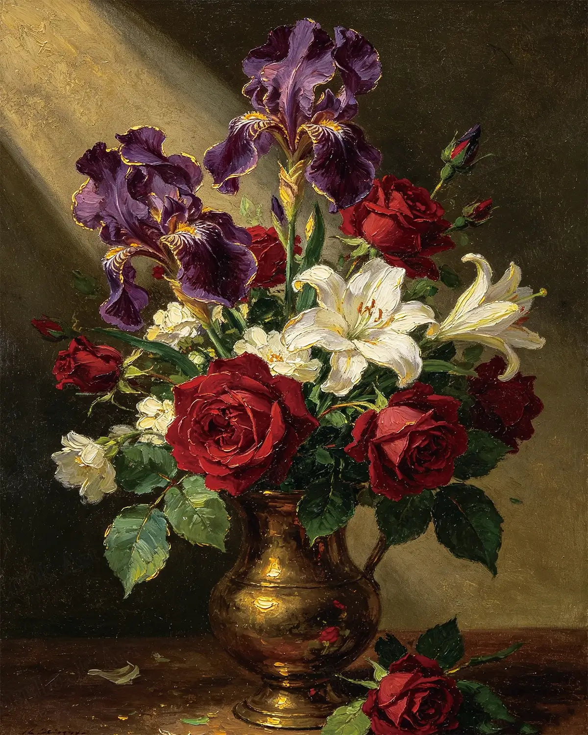 Vintage Gold Vase 5D diamond painting kit with red roses, purple irises, white lilies and classic still life - FEELOOK Art