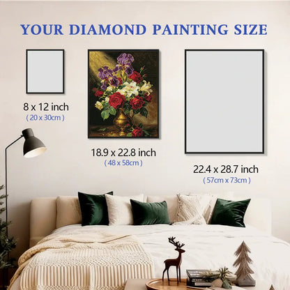 Vintage Gold Vase 5D diamond painting size chart showing floral still life artwork scale for wall decor - FEELOOK Art