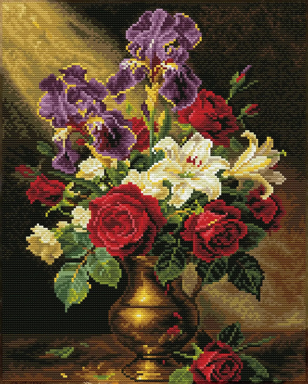 Finished Vintage Gold Vase diamond art kit with full drill resin diamonds, rich flowers and golden vase details - FEELOOK Art