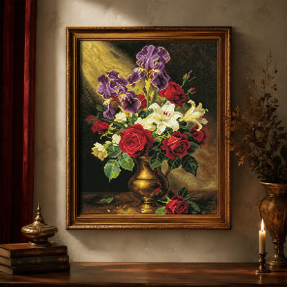 Vintage Gold Vase diamond painting kit displayed as elegant floral wall decor with roses, lilies and irises - FEELOOK Art