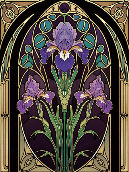 Violet Iris full drill 5D diamond painting kit with purple stained glass floral artwork - FEELOOK Art