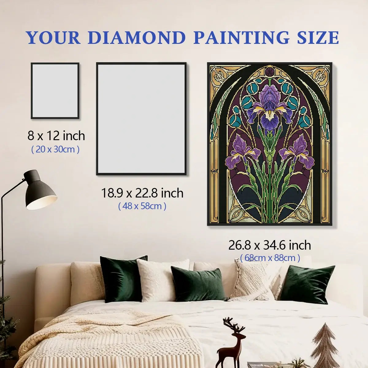 Violet Iris 5D diamond painting size chart showing elegant purple iris stained glass artwork scale - FEELOOK Art