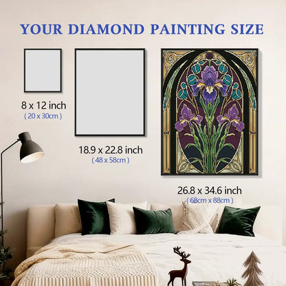 Violet Iris 5D diamond painting size chart showing elegant purple iris stained glass artwork scale - FEELOOK Art