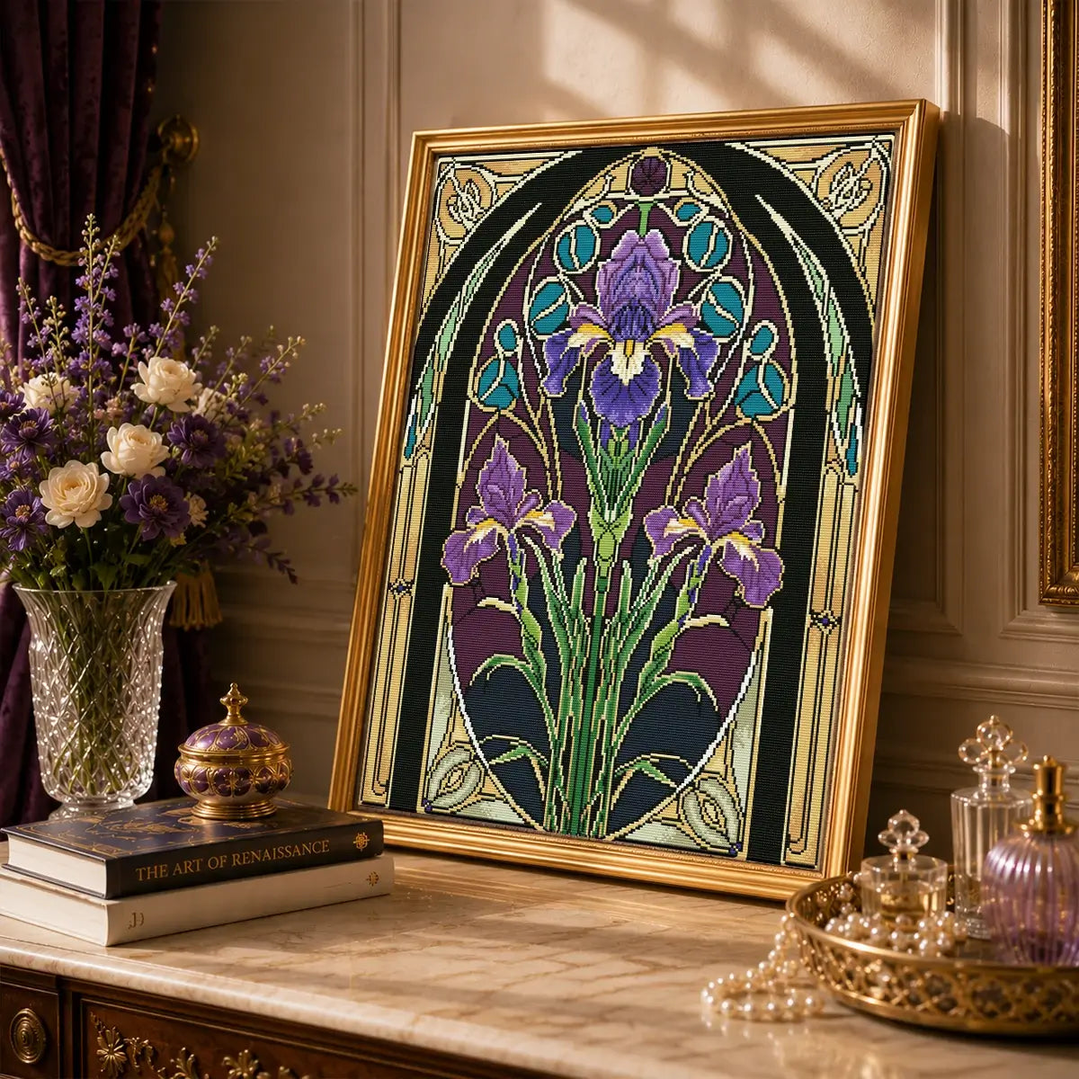 Violet Iris diamond art kit styled for relaxing floral craft time with resin drills and Fairy Dust Diamonds - FEELOOK Art