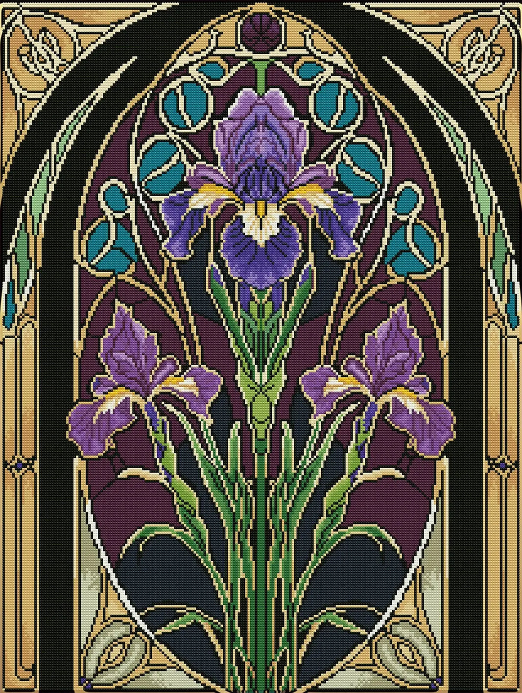 Finished Violet Iris diamond painting with Fairy Dust Diamonds glowing on purple iris petals - FEELOOK Art