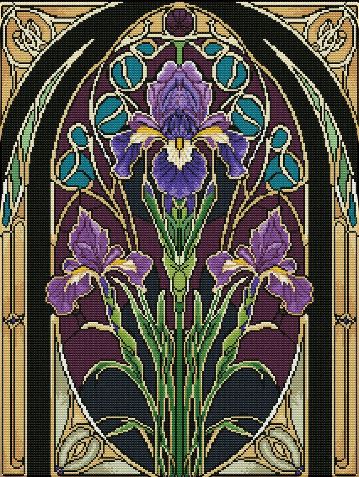 Finished Violet Iris diamond painting with Fairy Dust Diamonds glowing on purple iris petals - FEELOOK Art