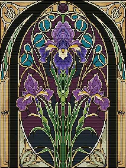Finished Violet Iris diamond painting with Fairy Dust Diamonds glowing on purple iris petals - FEELOOK Art