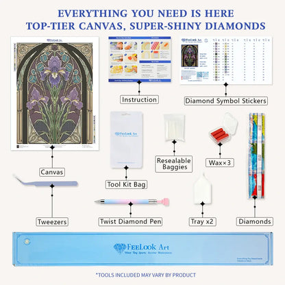 Violet Iris diamond painting kit with full drill canvas, resin drills, Fairy Dust Diamonds and tools - FEELOOK Art