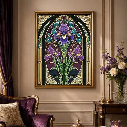 Violet Iris diamond painting displayed as elegant Art Nouveau stained glass floral wall decor - FEELOOK Art