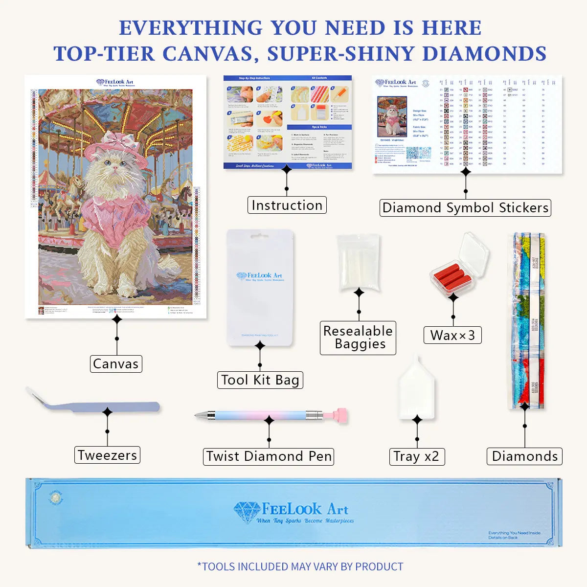Professional diamond painting accessories including canvas, drills, pens, and wax - FEELOOK Art
