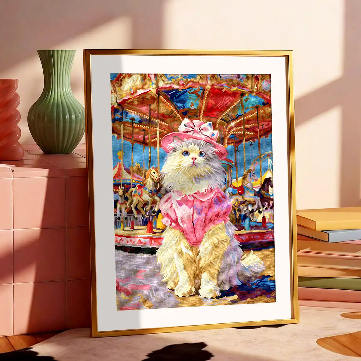 Beautifully framed Viral Kitten diamond painting resting on a modern desk with decor - FEELOOK Art