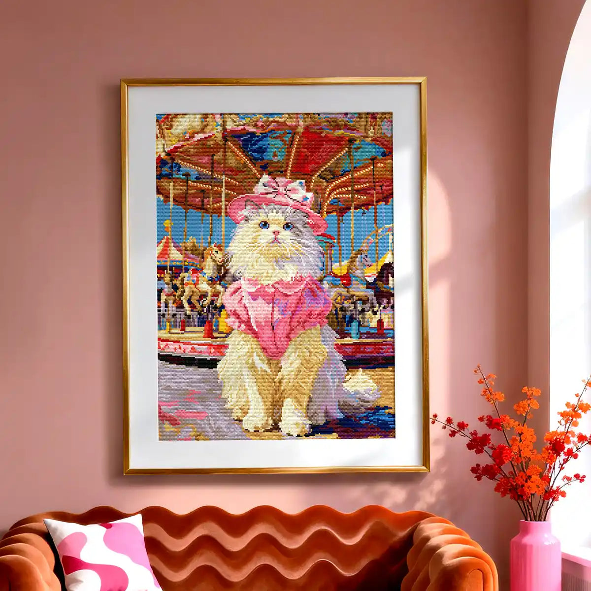 Framed Viral Kitten diamond art hanging in a stylish pink-themed living room - FEELOOK Art