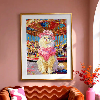 Framed Viral Kitten diamond art hanging in a stylish pink-themed living room - FEELOOK Art