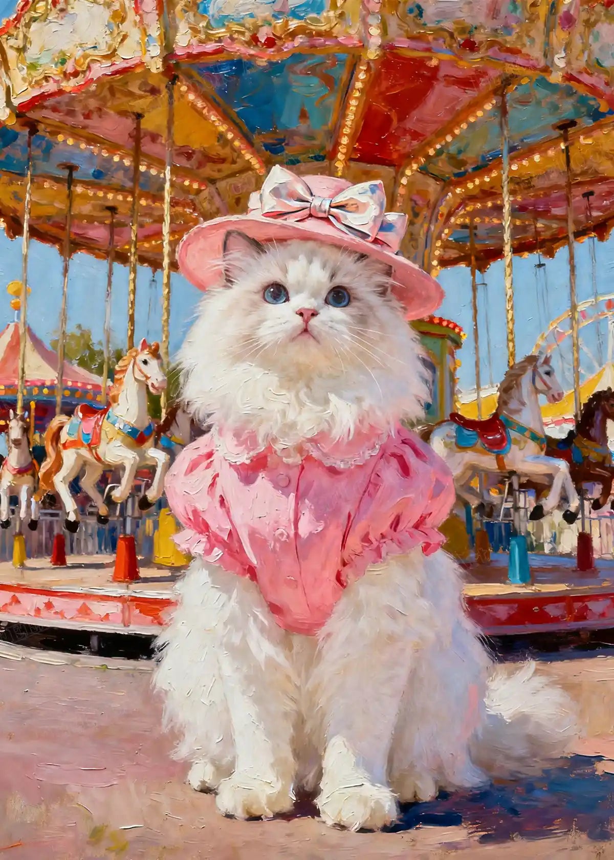 An adorable fluffy white kitten wearing a pink hat and dress in front of a colorful carousel - FEELOOK Art