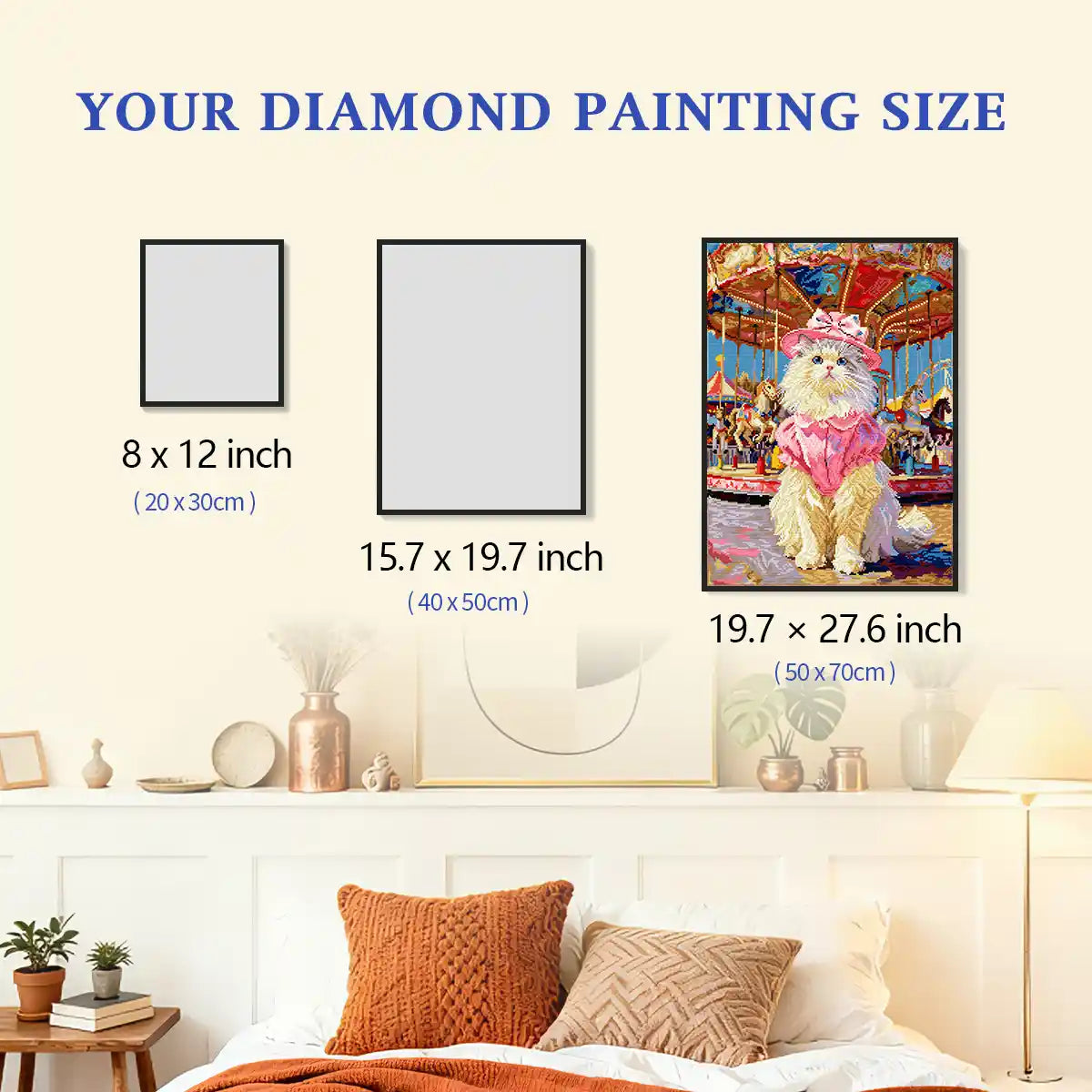 Detailed size guide showing three different canvas dimensions for the Viral Kitten kit - FEELOOK Art