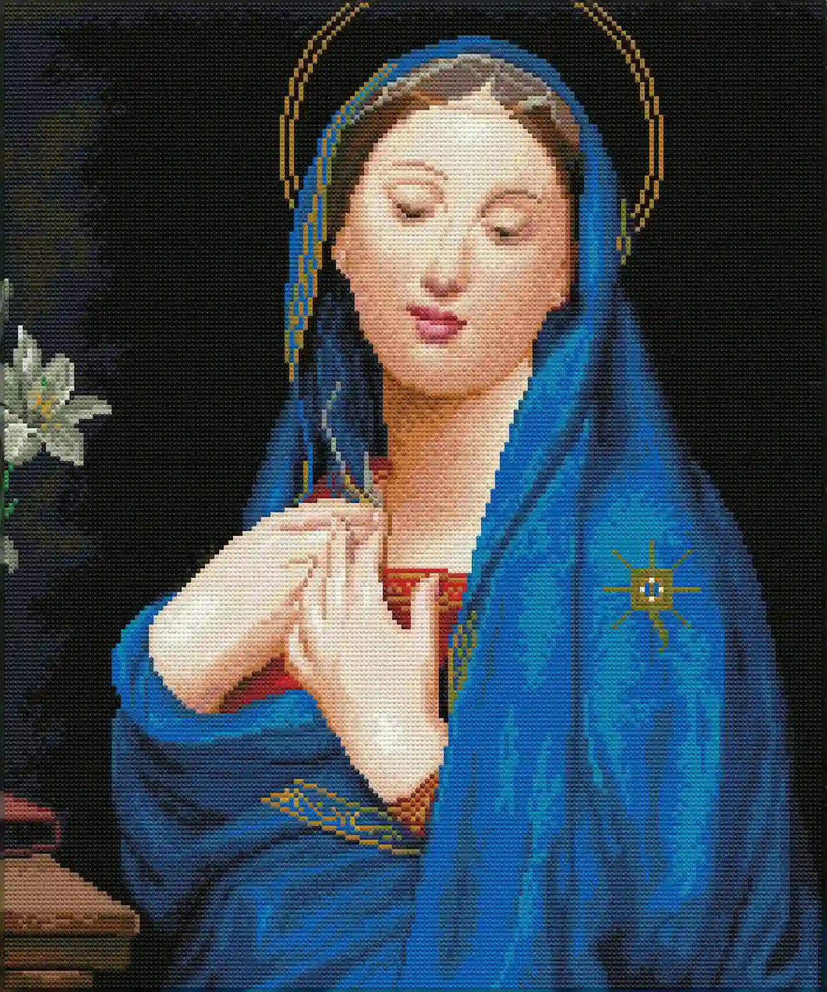 Finished Virgin of the Adoption diamond painting glowing with layered textures and resin drill brilliance - FEELOOK Art