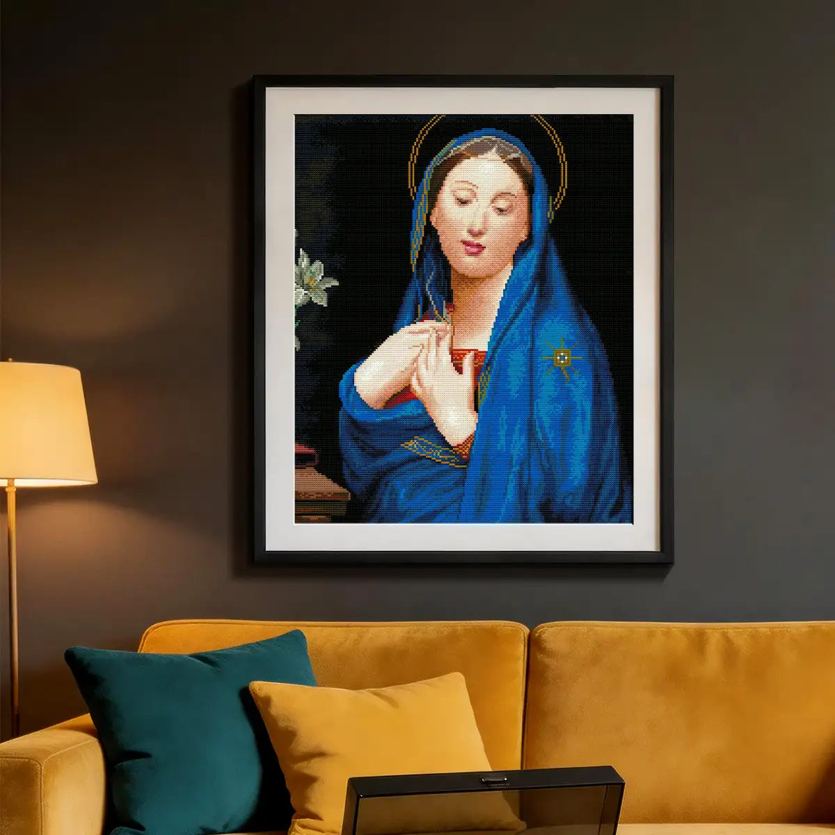 Virgin of the Adoption diamond painting displayed in peaceful living room with timeless artistic atmosphere - FEELOOK Art