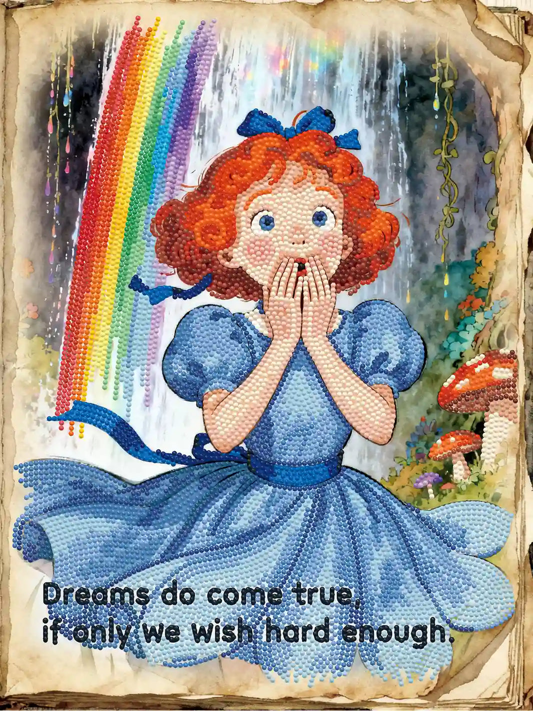 Finished Wendy diamond art showcasing pastel rainbow drills, red curl details, and a hopeful fairy tale illustration – FEELOOK Art
