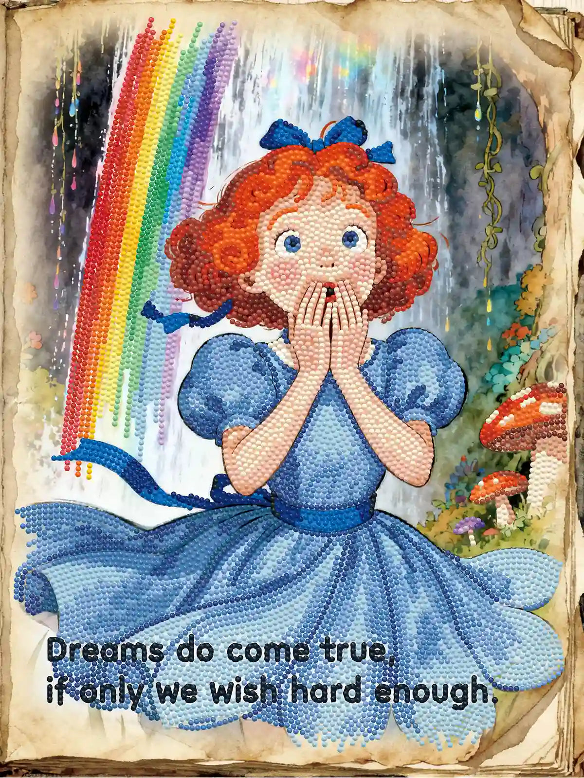 Finished Wendy diamond art showcasing pastel rainbow drills, red curl details, and a hopeful fairy tale illustration – FEELOOK Art
