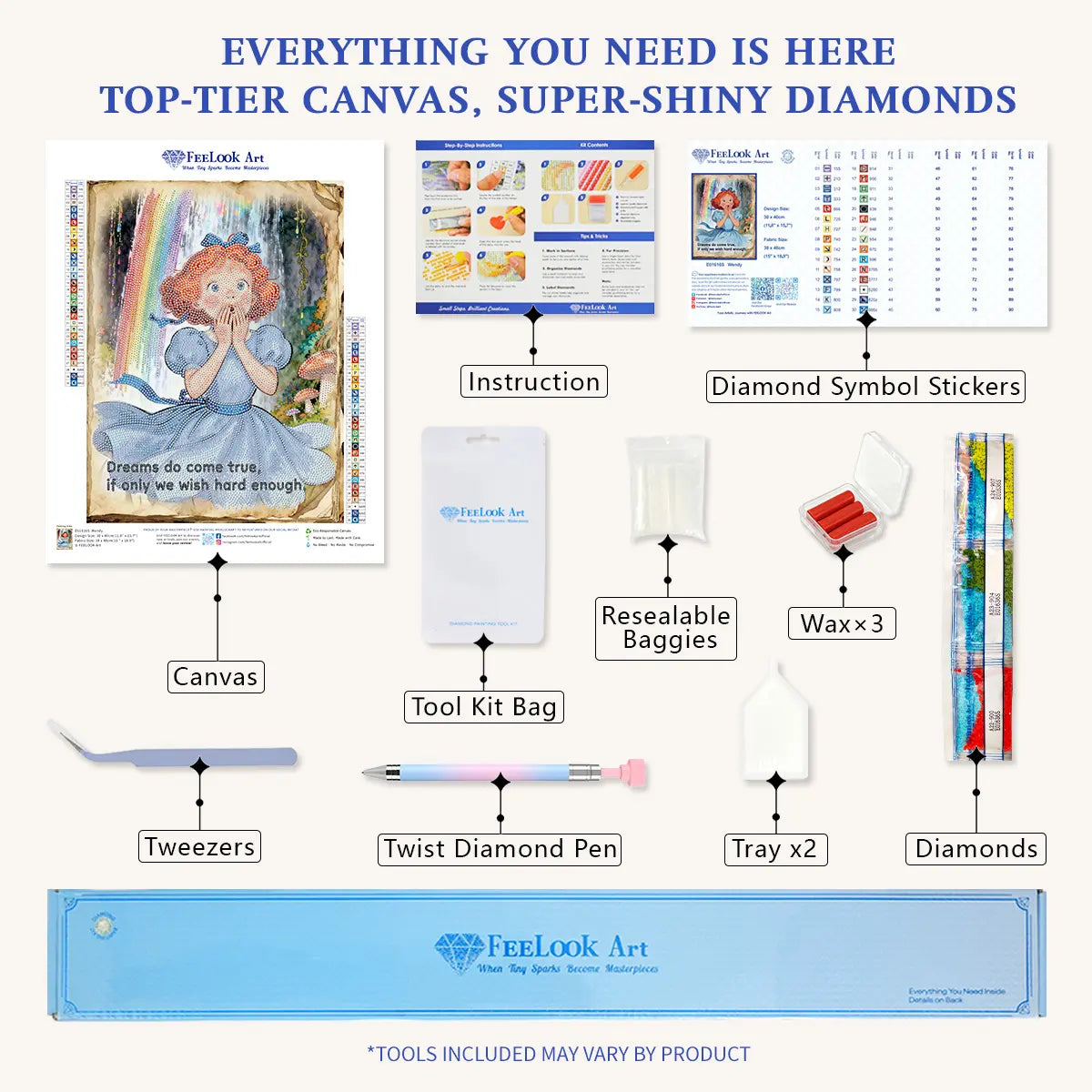 Diamond painting kit contents for Wendy including canvas, rainbow drills, tray, pen, and wax for a creative crafting experience – FEELOOK Art