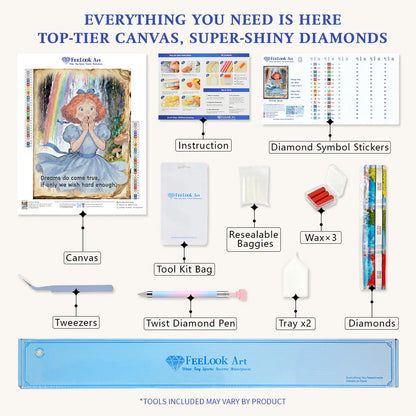 Diamond painting kit contents for Wendy including canvas, rainbow drills, tray, pen, and wax for a creative crafting experience – FEELOOK Art