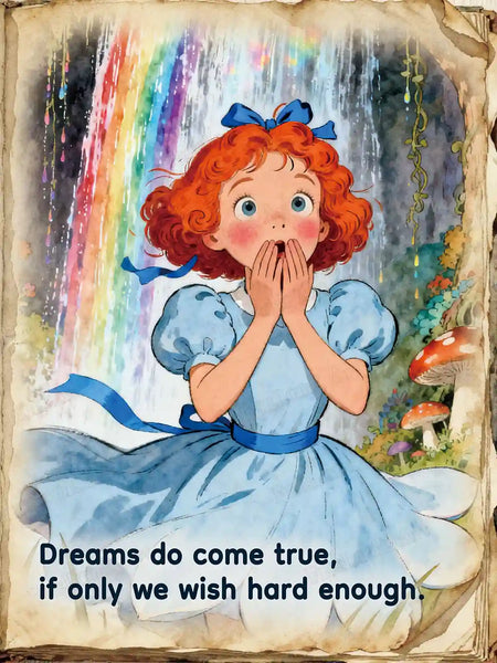 Wendy diamond painting featuring a watercolor-style rainbow scene with "dreams come true" quote and enchanted forest backdrop – FEELOOK Art