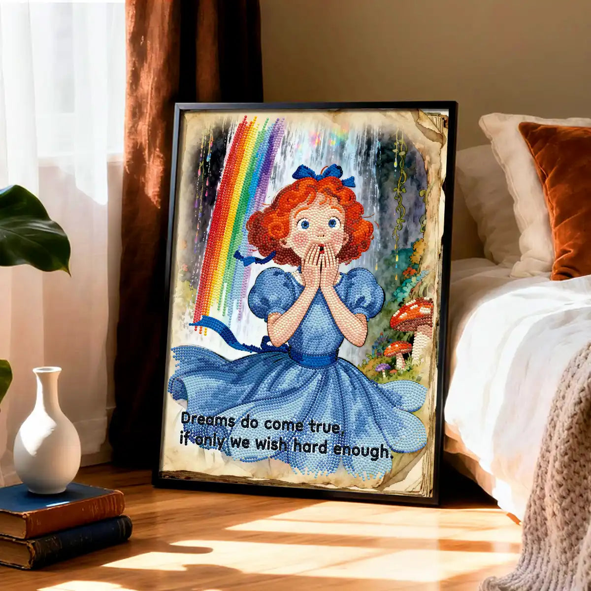 Framed artwork of a girl in a blue dress with a rainbow and motivational quote, placed on a wooden surface-FEELOOK Art