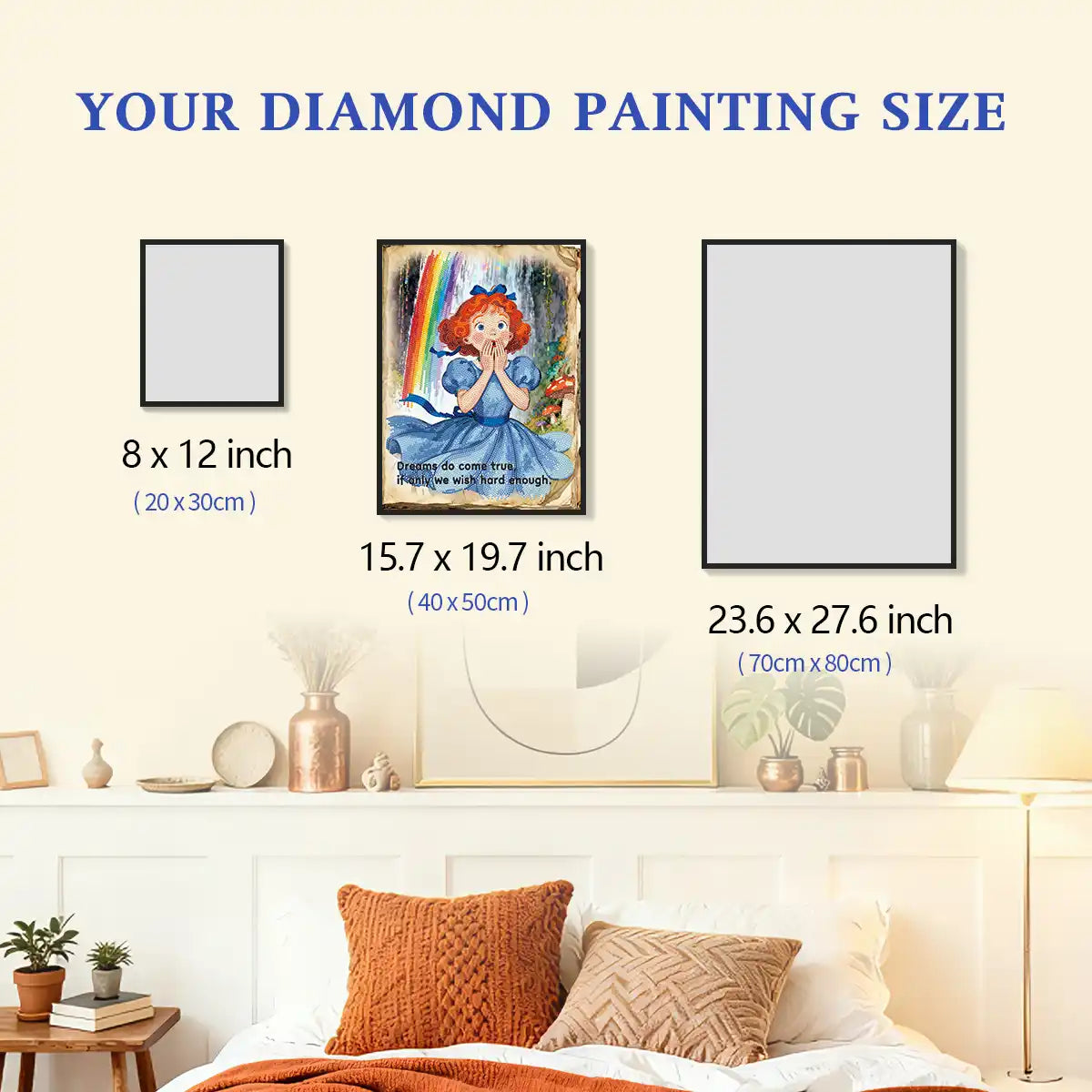 Wendy diamond painting framed on a wall with size comparison, displayed in a girl’s bedroom for scale reference – FEELOOK Art