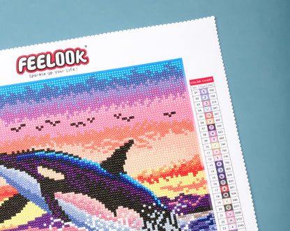 Close-up of the Whale’s tail and ocean waves, showcasing the intricate details and vibrant colors in this round drill diamond painting.