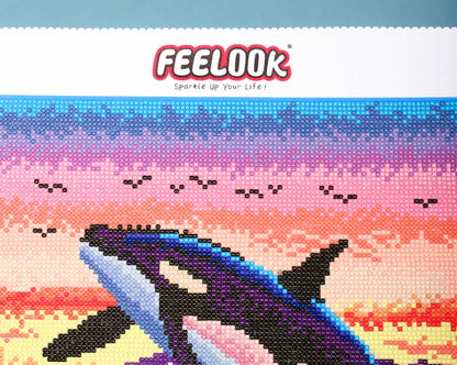 Detailed view of the Whale’s body and sunset clouds, highlighting the delicate blending of colors and diamonds in this diamond painting design.