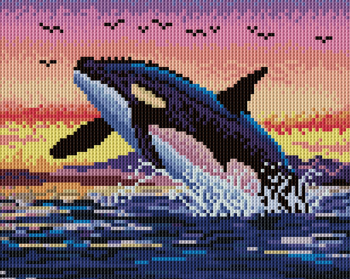 Rendered view of the Whale sunset diamond painting canvas, showcasing the tranquil beauty of a whale against a colorful sunset and soft clouds.