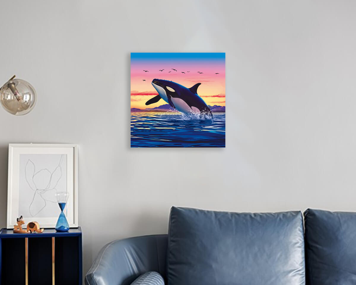 Whale sunset diamond painting on the wall, bringing a peaceful and awe-inspiring atmosphere to your living room or bedroom, ideal for relaxation.