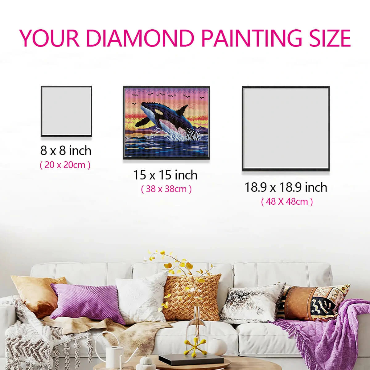 Size guide for the Whale sunset diamond painting canvas, illustrating how this serene artwork fits beautifully in various room sizes.