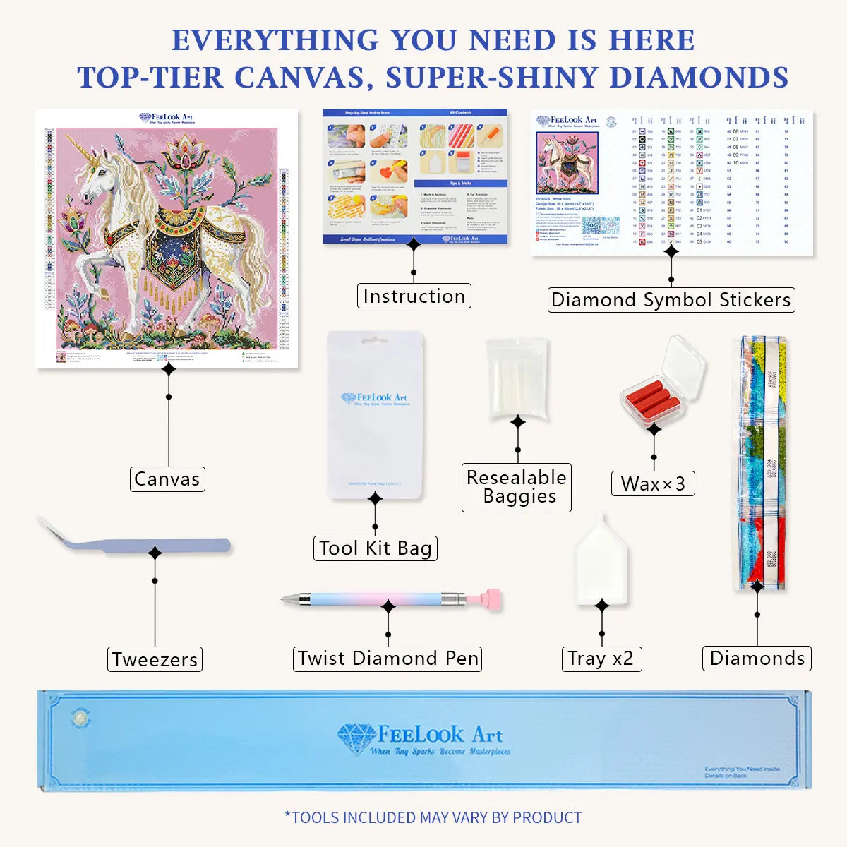 Complete DIY set for the White Horn diamond painting including a twist pen, wax, and organized diamonds – FEELOOK Art