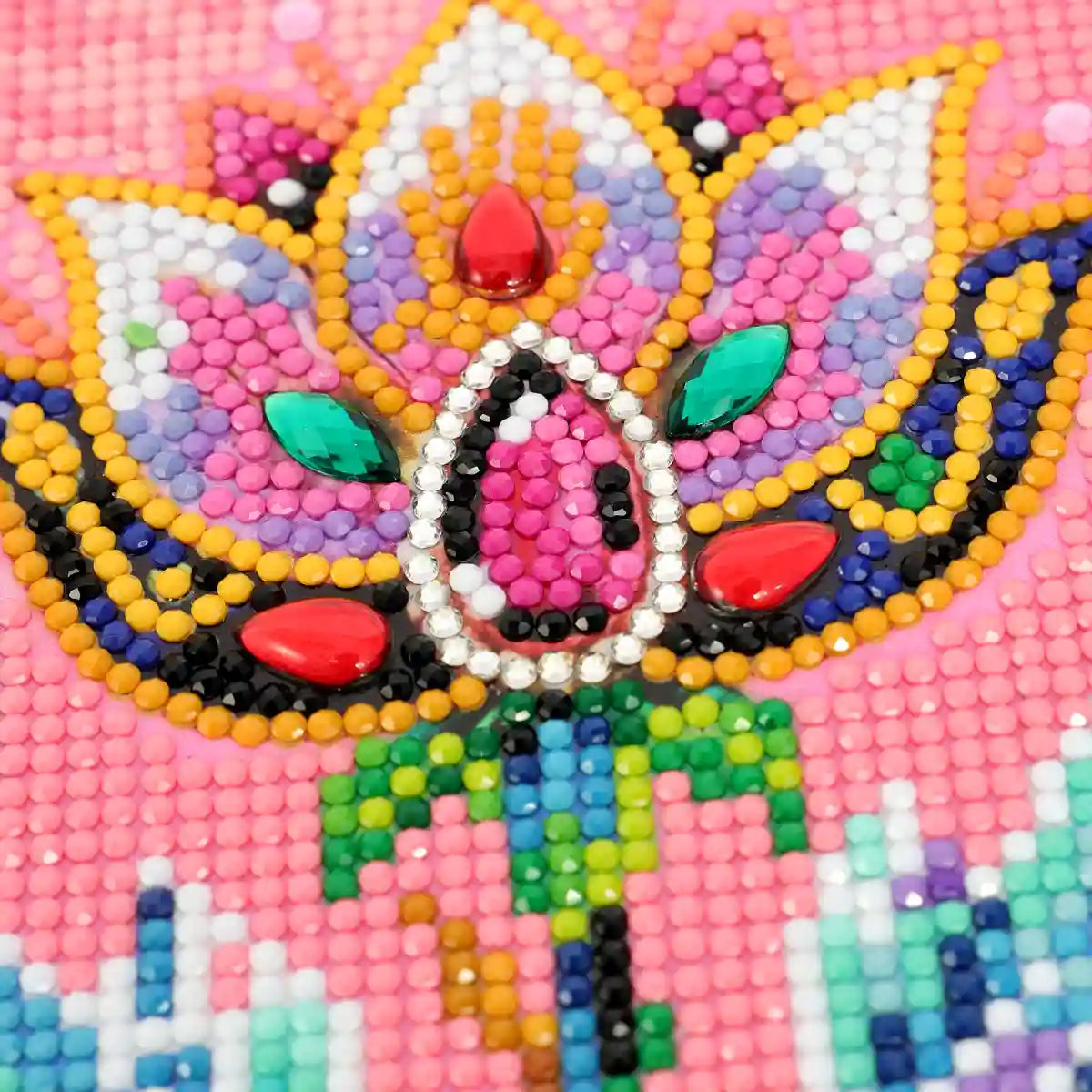 Closeup of White Horn diamond painting showing sparkling diamond drills and detailed pink design - FEELOOK Art