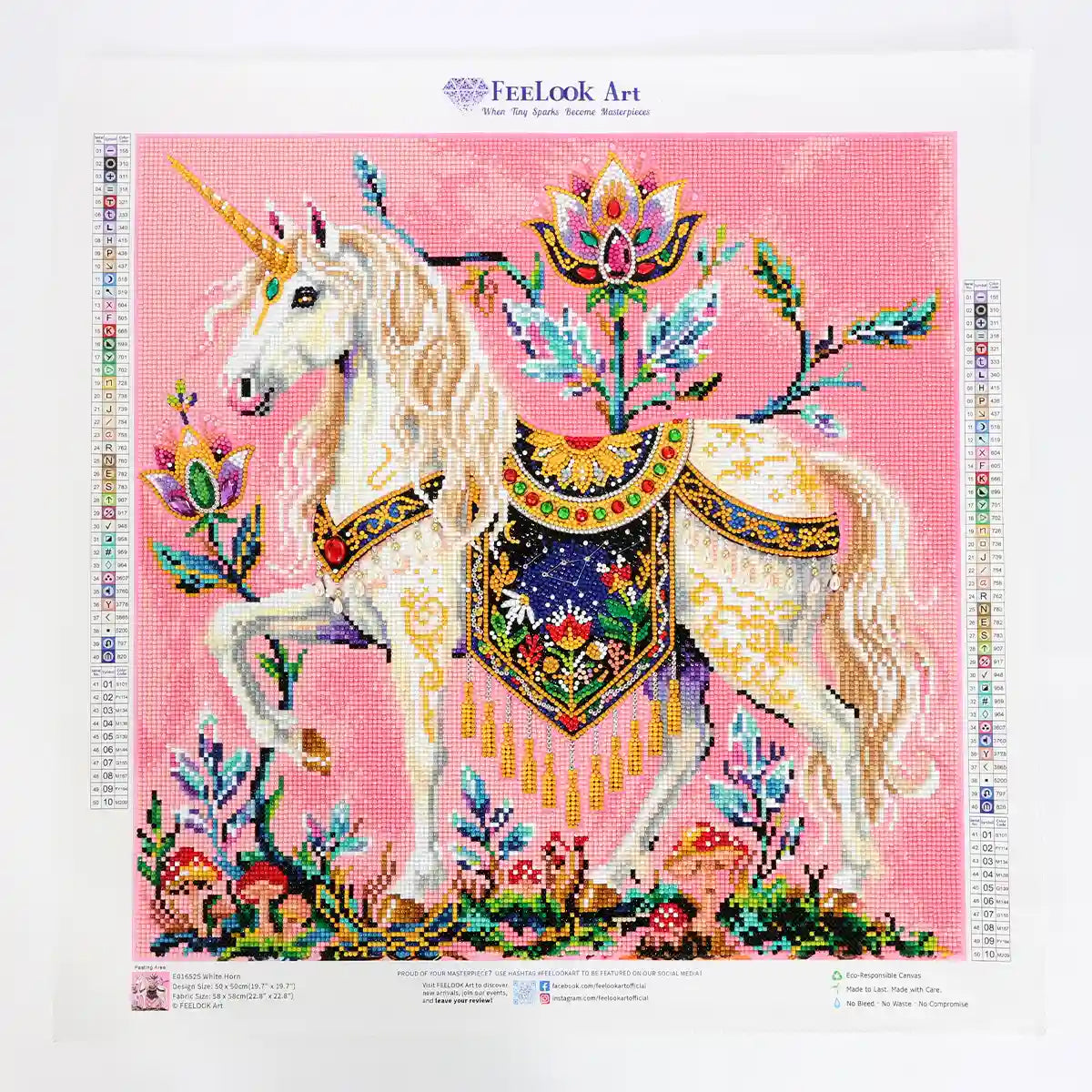 Finished White Horn diamond painting artwork, showcasing full diamond art details and vibrant pink design - FEELOOK Art