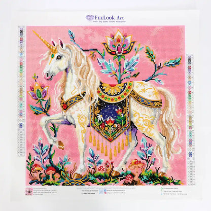 Finished White Horn diamond painting artwork, showcasing full diamond art details and vibrant pink design - FEELOOK Art