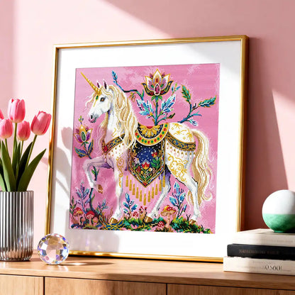 Gold-framed White Horn diamond painting leaning on a shelf for a dreamy and ethereal home decoration – FEELOOK Art