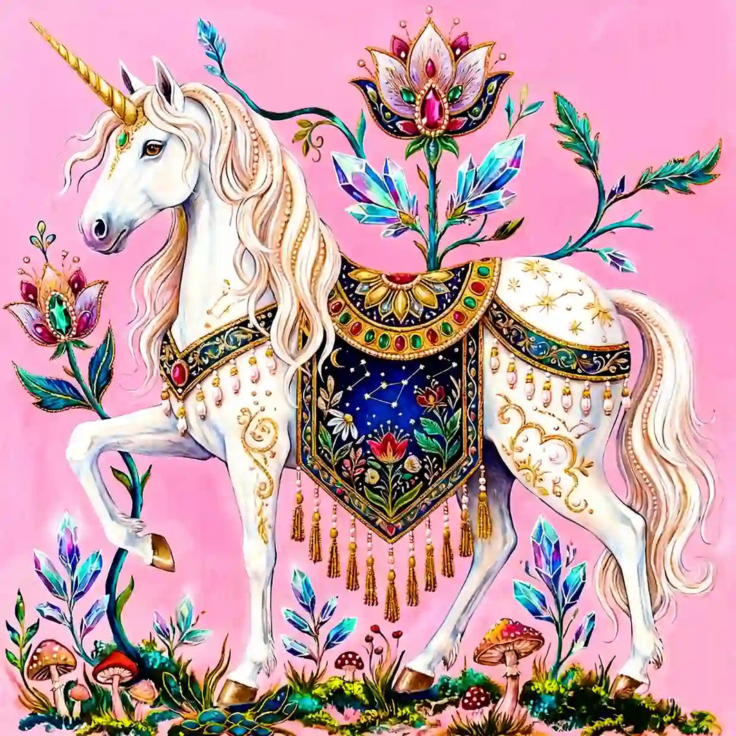 The White Horn diamond painting featuring a mystical unicorn with golden accents and enchanted crystal flora – FEELOOK Art